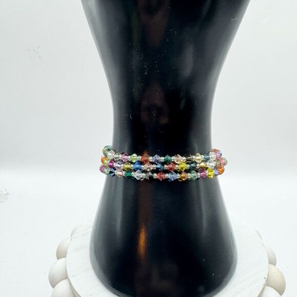 Colorful Rainbow Bicone Crystal Bead Triple Strand Bracelet Sterling Silver - Picture 6 of 8
